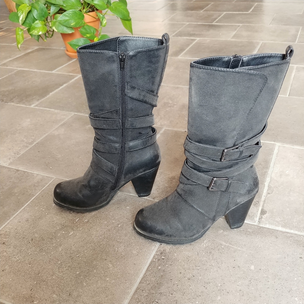 Levity Boots Zip Grey Leather Half Calf Block Heel